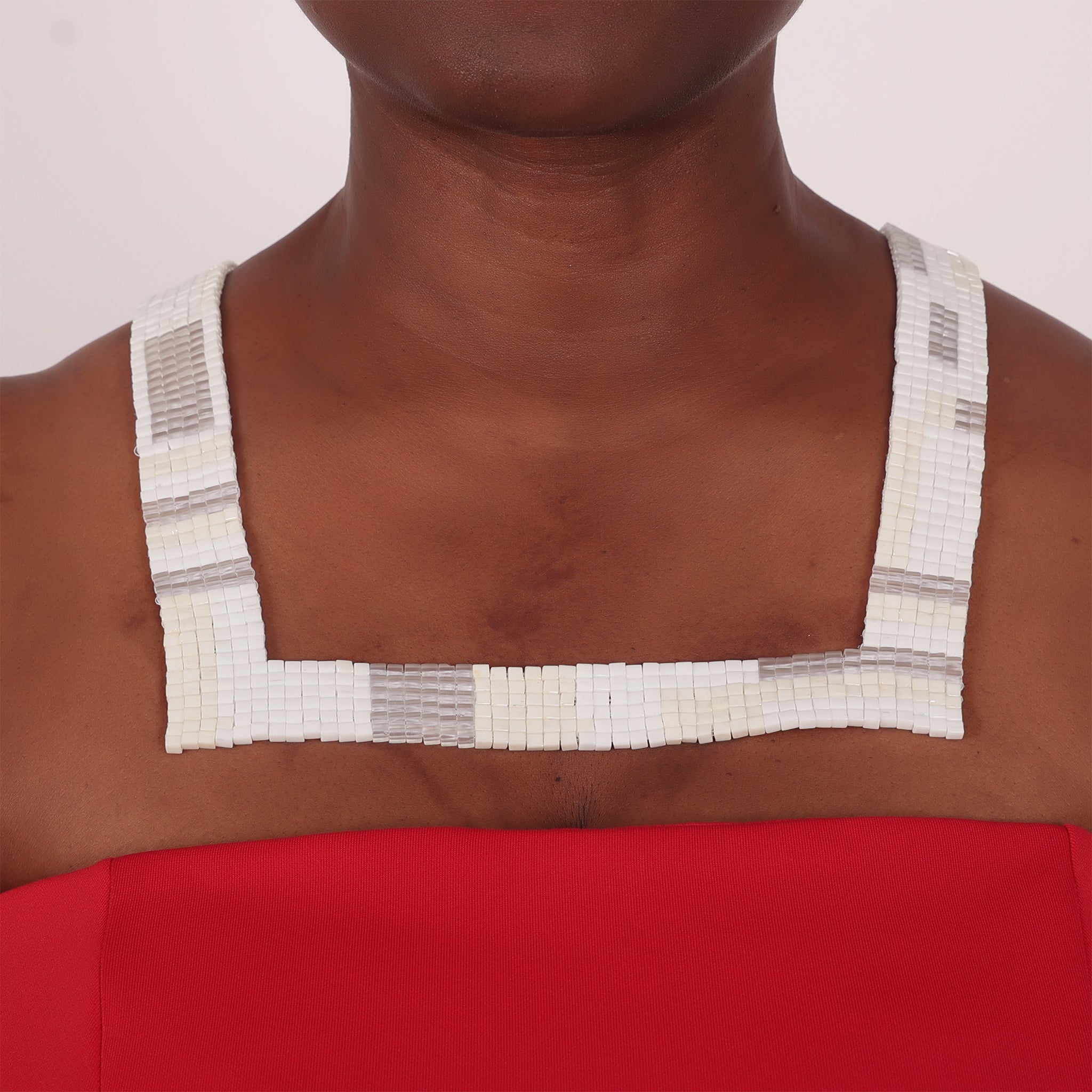 Square Formed Nwene Glass Bead Necklace in White